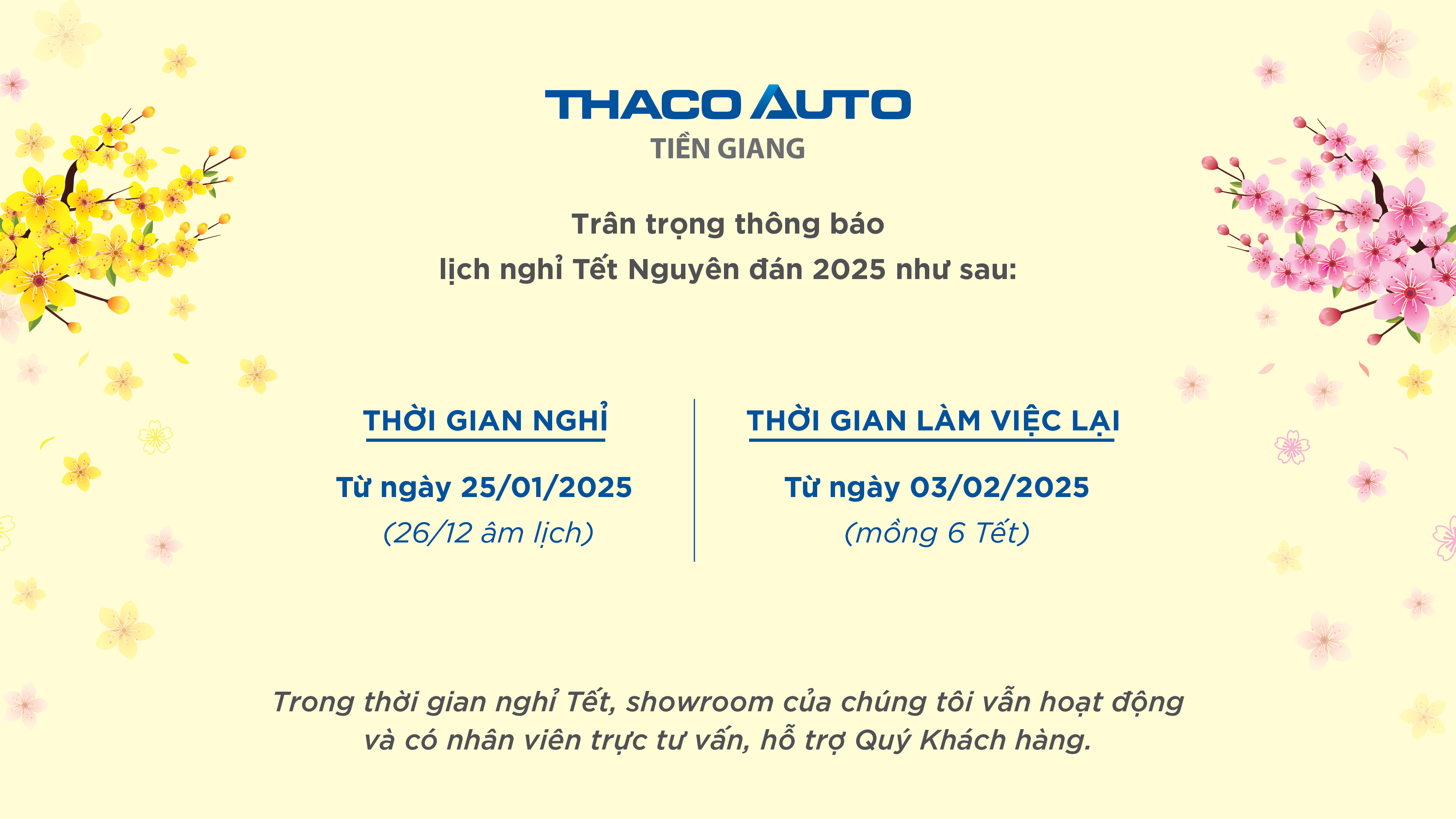 THACO AUTO Tiền Giang trân trọng thông báo lịch nghỉ Tết Nguyên đán 2025